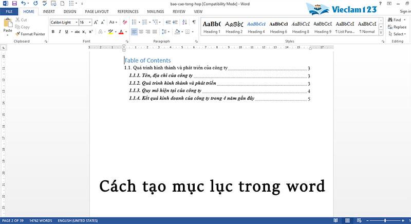 Cách tạo mục lục trong Word Cách tạo mục lục trong Word