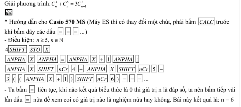 Cách dùng máy tính Casio giải phương trình hoán vị tổ hợp, chỉnh hợp