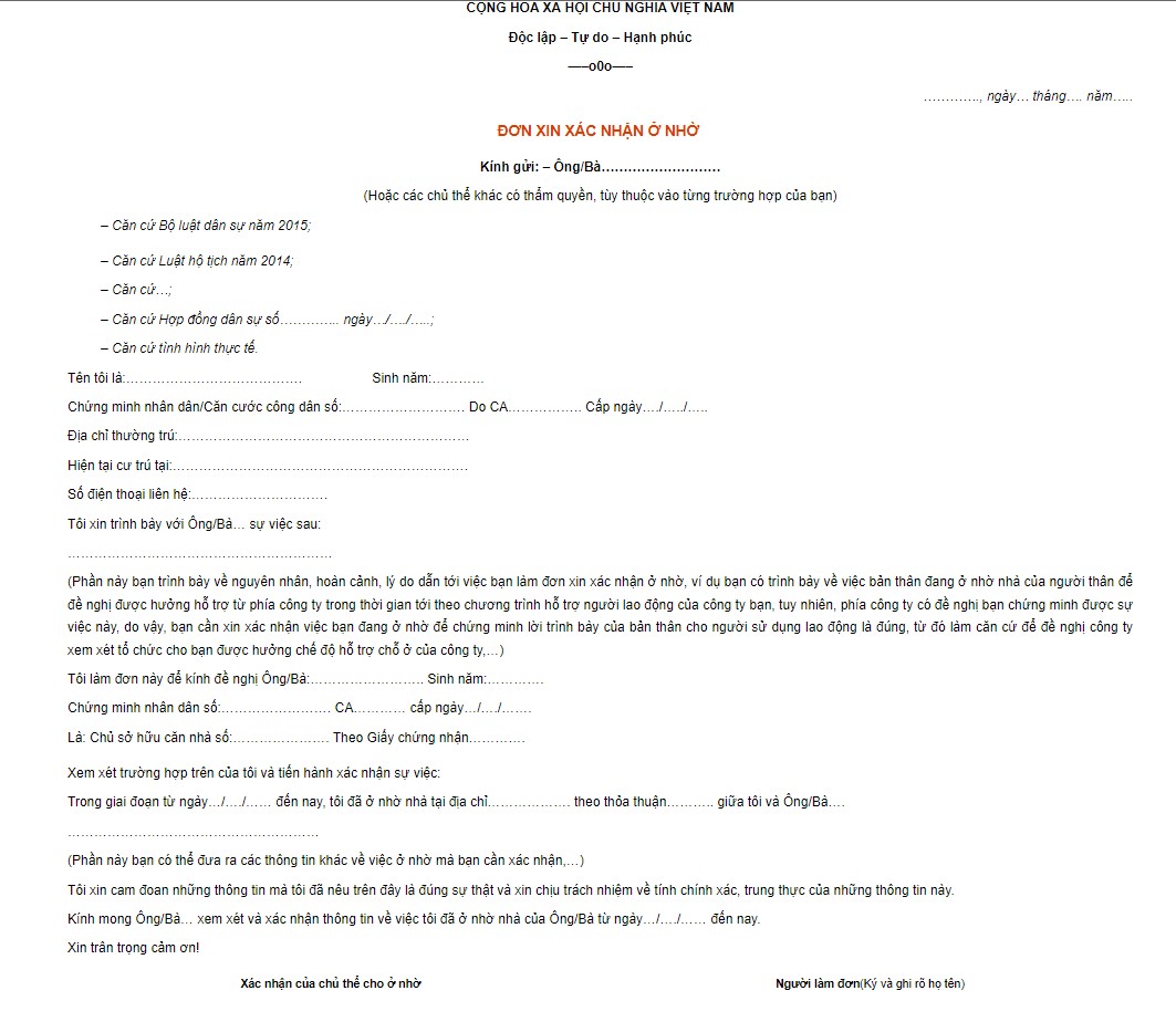 Đơn xin xác nhận ở nhờ