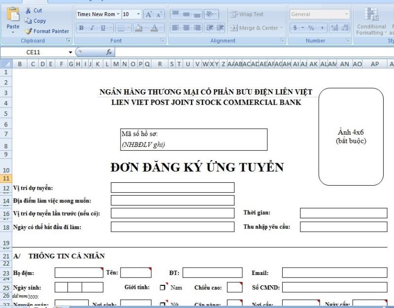 Hình thức của CV xin việc vào Lienvietpostbank