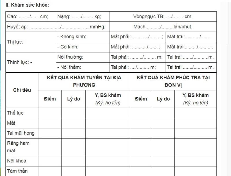 Nội dung sức khỏe trong mẫu giấy khám sức khỏe đi nghĩa vụ quân sự