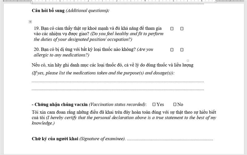 Phần nội dung giấy khám sức khỏe Panama