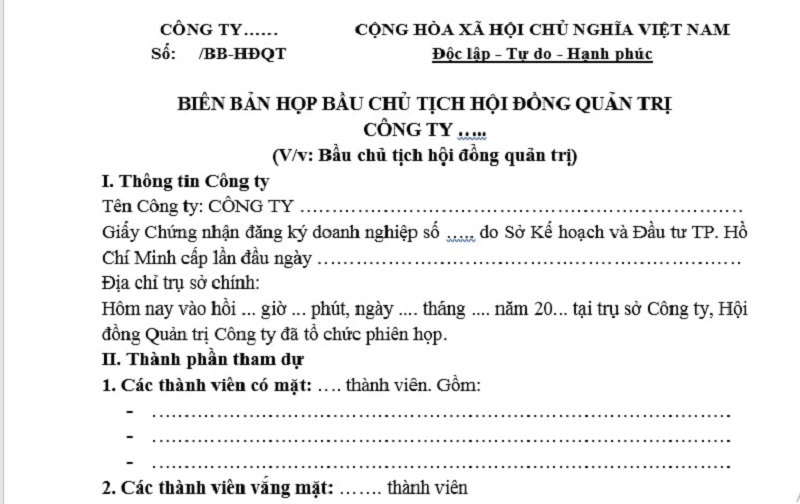 Cách viết biên bản bầu Chủ tịch HĐQT