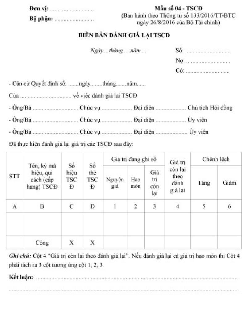 Điền thông tin bảng đánh giá lại tài sản cố định