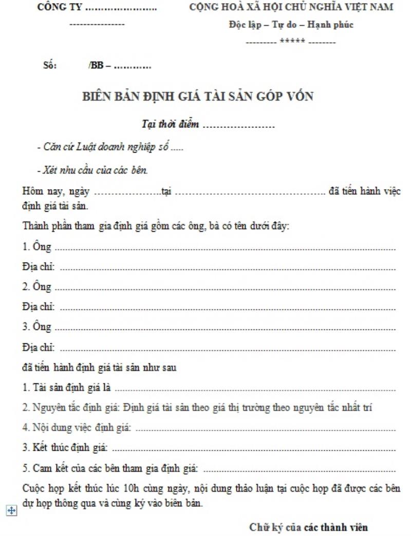 Nội dung biên bản định giá tài sản góp vốn