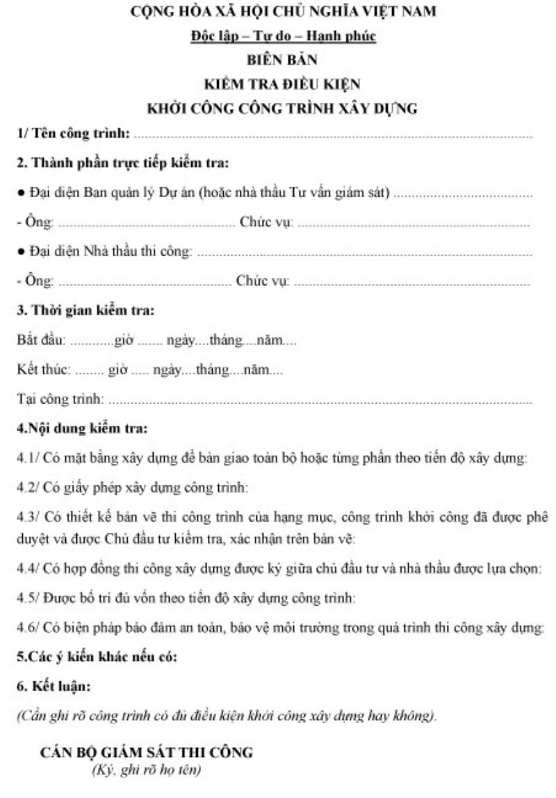 Nội dung biên bản kiểm tra điều kiện khởi công