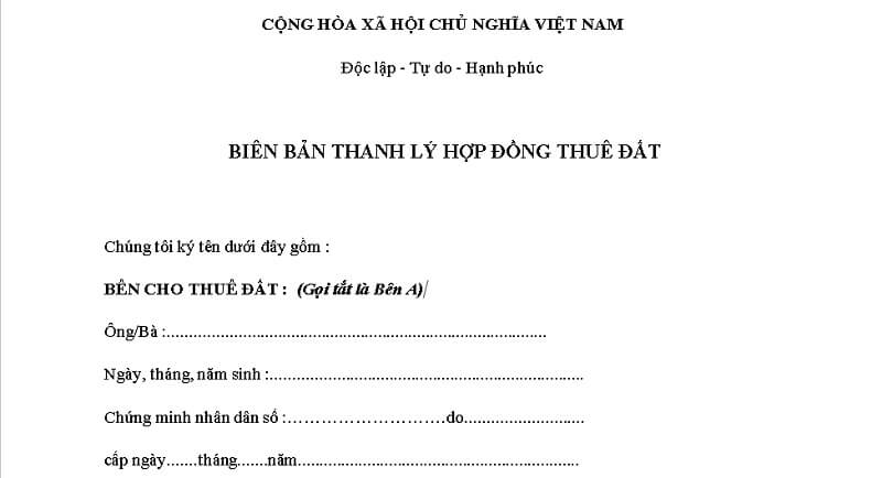 Mẫu biên bản thanh lý hợp đồng thuê đất