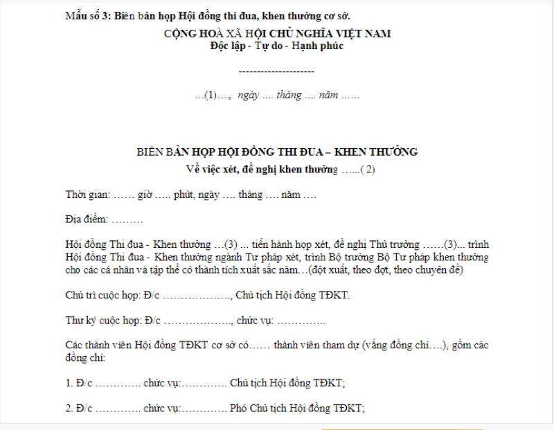 Nội dung phần đầu biên bản xét thi đua khen thưởng cuối năm