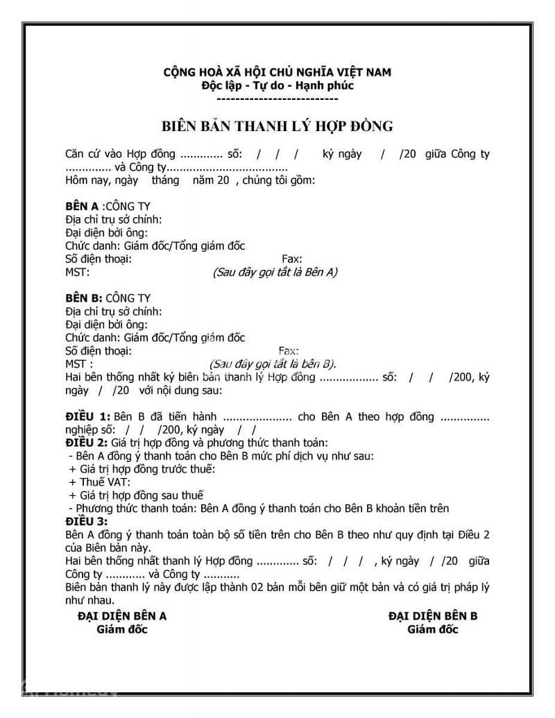 Mẫu biên bản thanh lý hợp đồng xây dựng