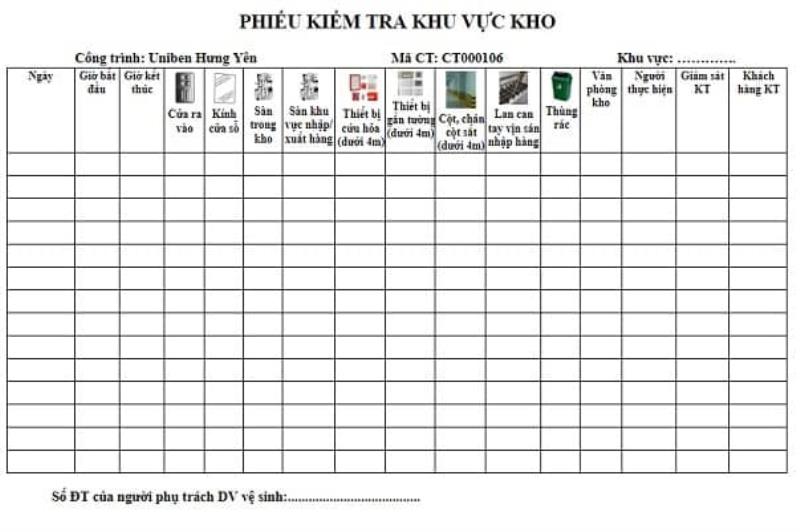 Biểu mẫu vệ sinh nhà xưởng khu vực nhà kho