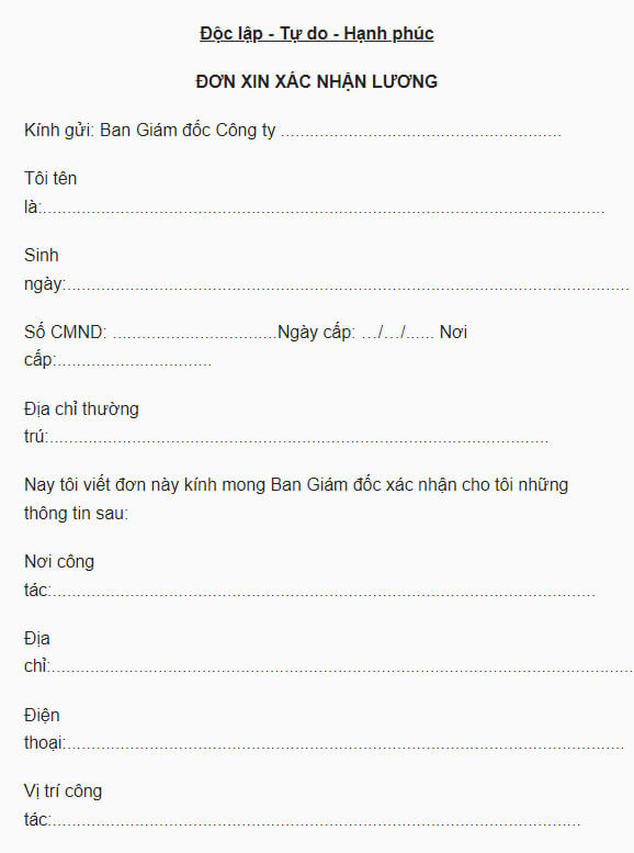 Nội dung của mẫu giấy xác nhận mức lương