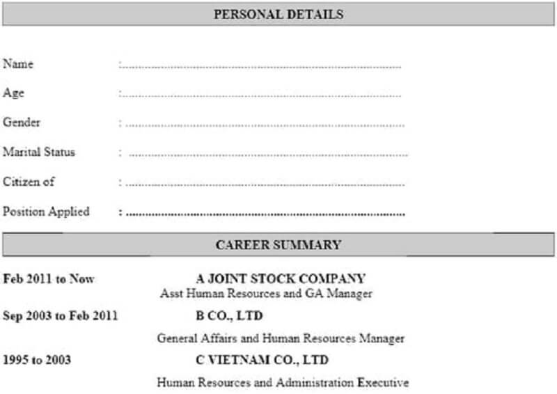 Bố cục chung của CV tiếng Anh ngành nhân sự