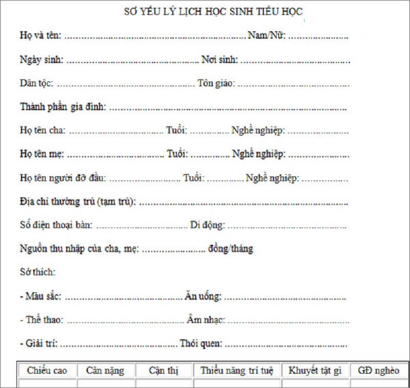 Kê khai thông tin học sinh tiểu học