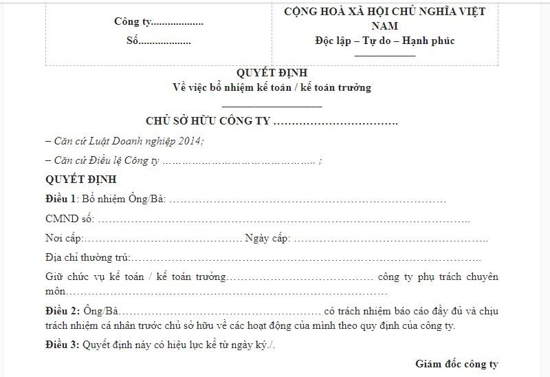 Văn bản quyết định bổ nhiệm cho kế toán có hình thức như thế nào?