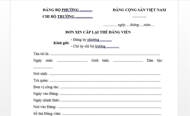Chi tiết cách tạo mẫu đơn xin cấp lại thẻ Đảng viên