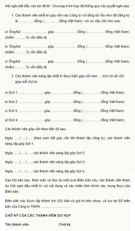 Trình bày phần nội dung biên bản góp vốn công ty TNHH theo trình tự