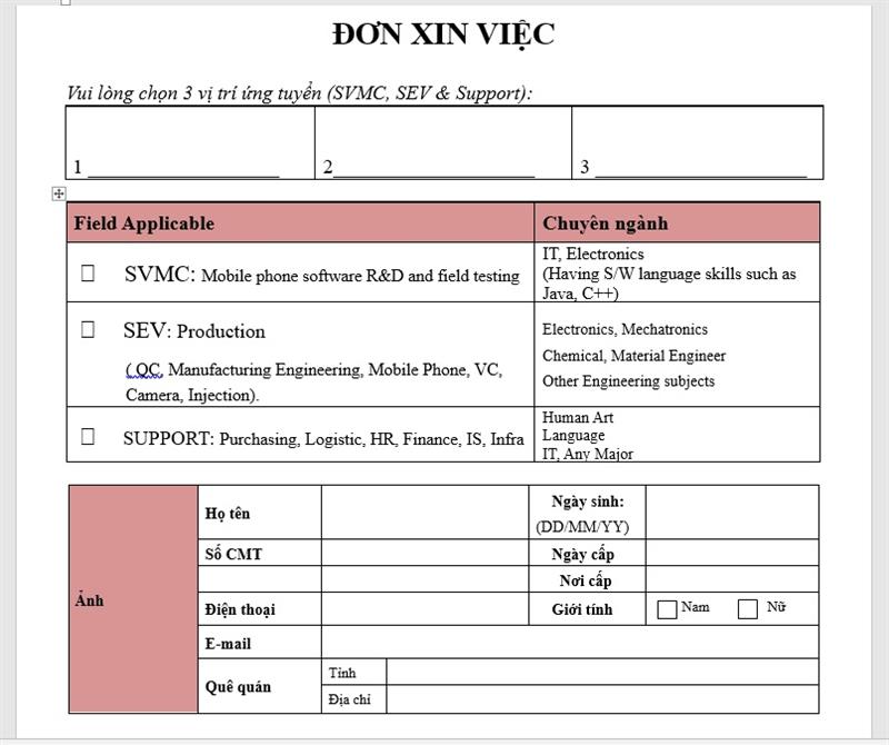 Viết phần đầu đơn xin việc Samsung