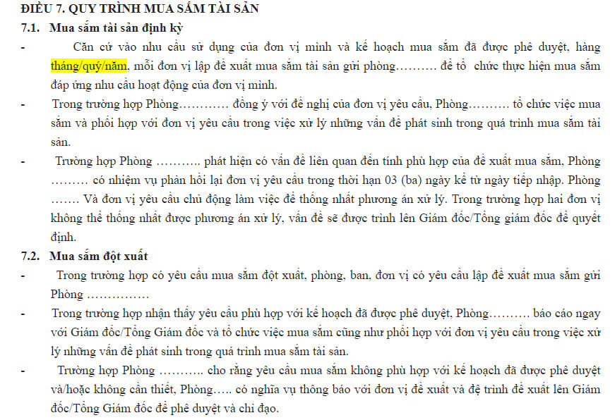 Đưa các thông tin về nguyên tắc, kế hoạch và quy trình mua sắm vào quyết định