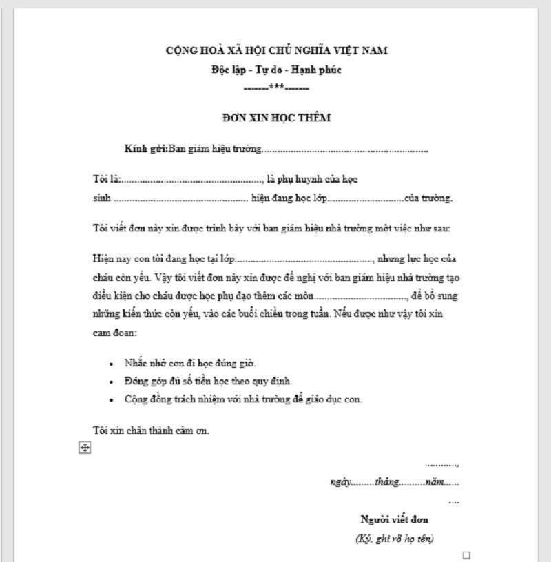 Viết mở đơn xin học thêm