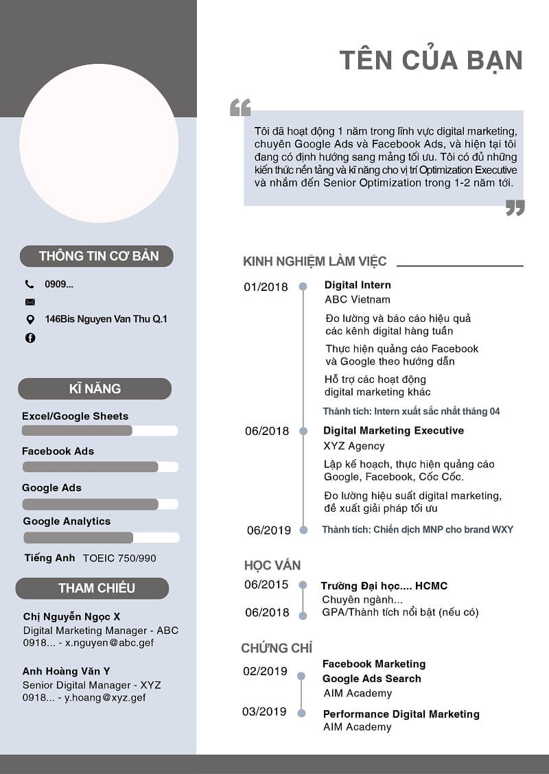 Cấu tạo mẫu CV marketing executive
