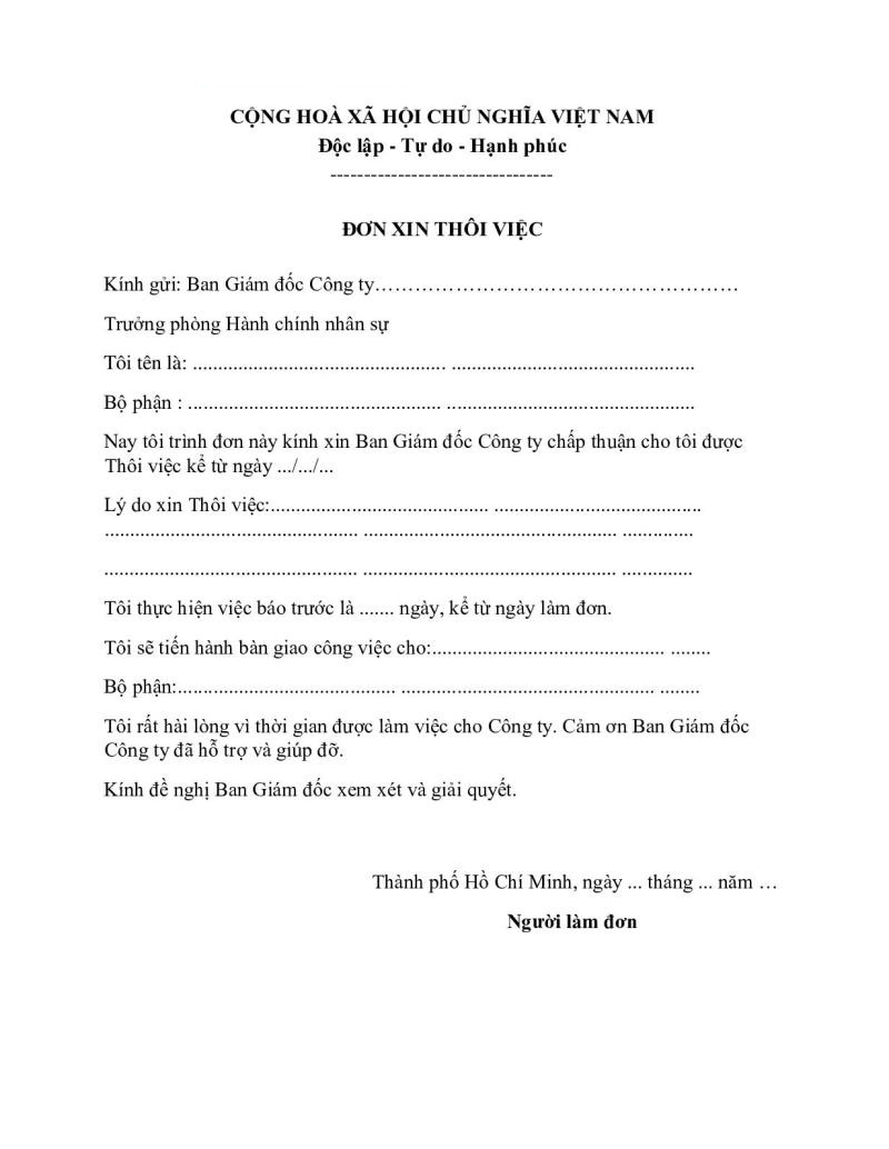 Đơn xin nghỉ việc ngân hàng khi thôi việc