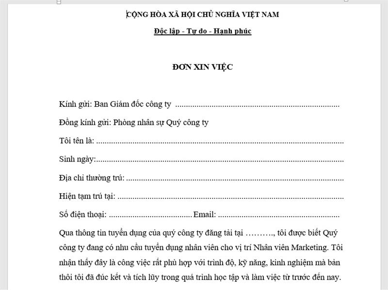 Cỡ chữ trong nội dung đơn xin việc
