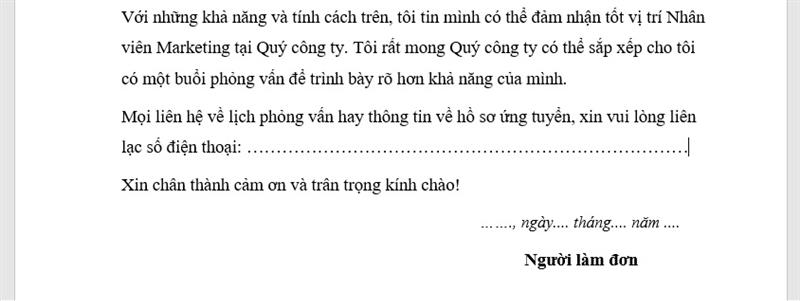 Cỡ chữ của thời gian, địa điểm viết đơn xin việc