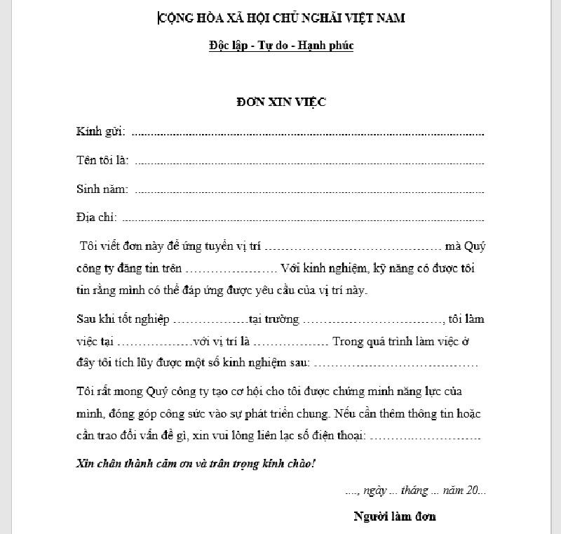 Cỡ chữ của Quốc hiệu trong đơn xin việc