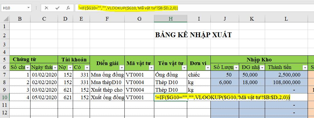 Hàm vlookup để tìm vật tư