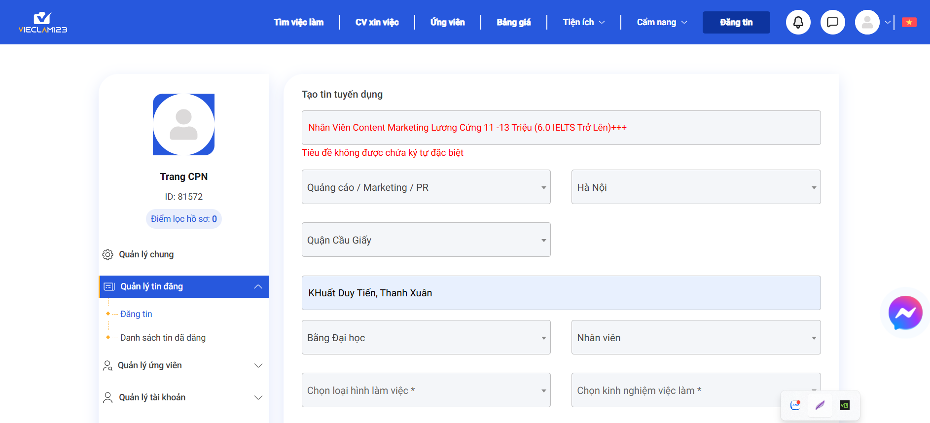  Hướng dẫn cách đăng tin tuyển dụng trên Vieclam123.vn