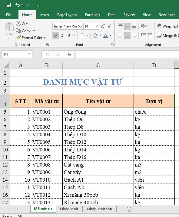 Lập các danh mục vật tư