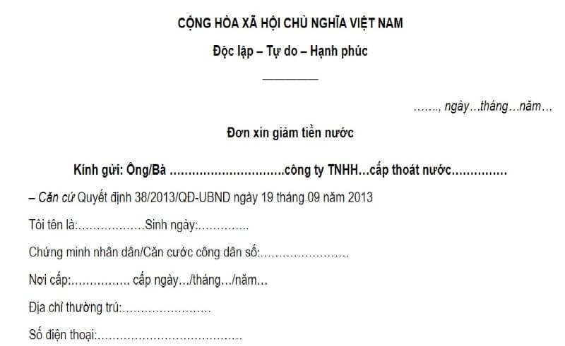 Mẫu đơn giảm tiền nước dành cho cá nhân