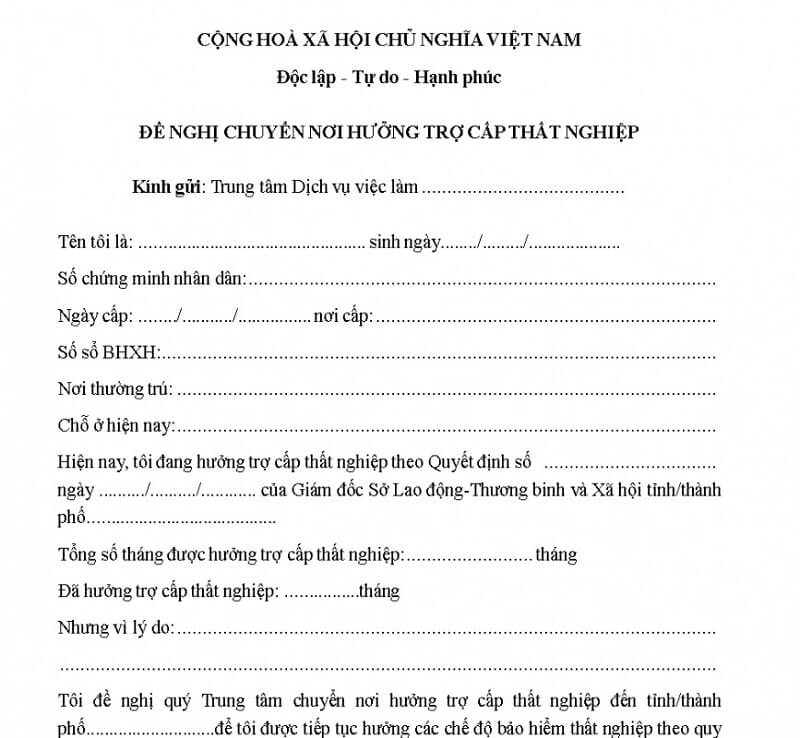 Mẫu đơn đề nghị chuyển nơi hưởng trợ cấp thất nghiệp    