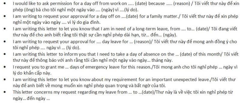 Cấu trúc câu khi viết lý do nghỉ trong đơn nghỉ phép tiếng Anh