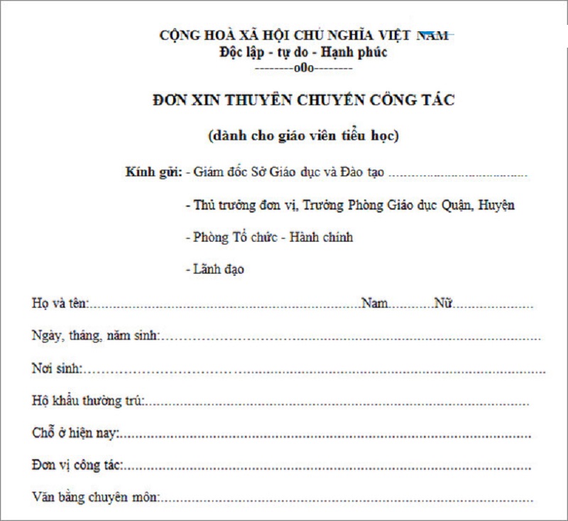 Đơn xin chuyển trường của giáo viên