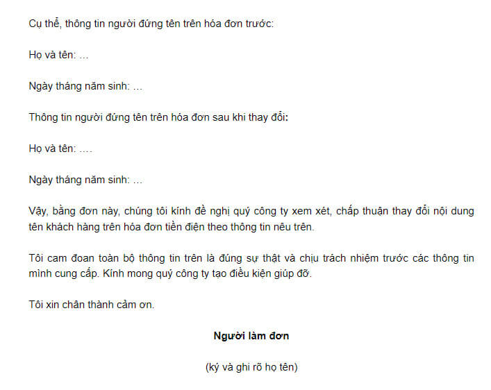 Trình bày những thông tin chính có trong đơn