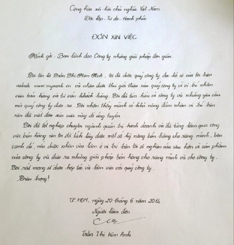 Đơn xin dự tuyển viết tay
