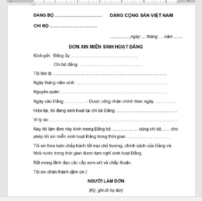 Viết nội dung trong mở đơn xin miễn sinh hoạt Đảng