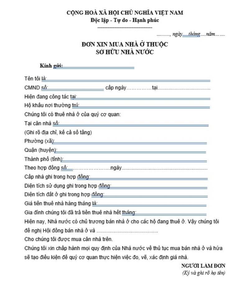 Thông tin về lá đơn xin mua nhà thuộc sở hữu Nhà nước