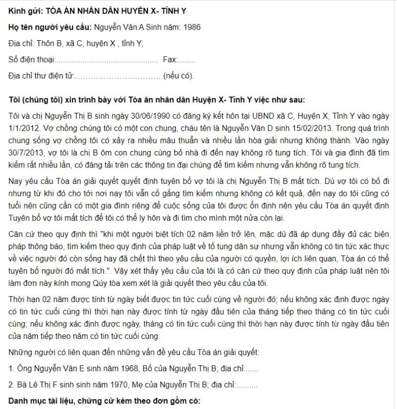 Mẫu đơn yêu cầu tuyên bố mất tích