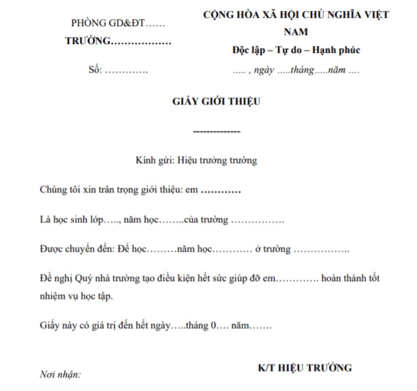 giấy giới thiệu của hiệu trưởng