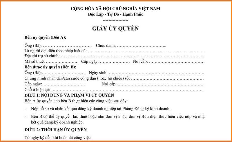 Mẫu giấy ủy quyền đăng ký doanh nghiệp