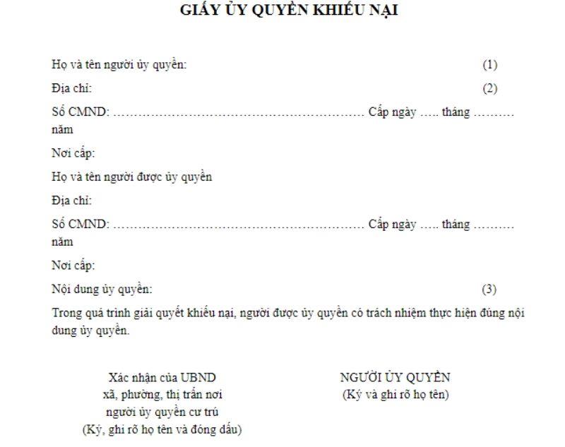 Nội dung giấy ủy quyền khiếu nại