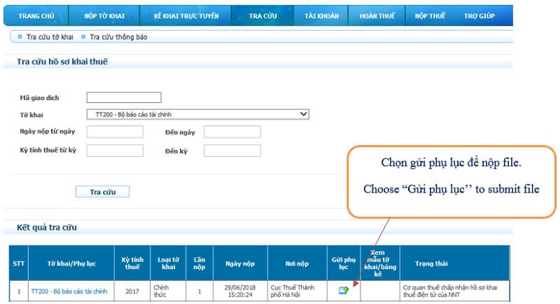 Thao tác gửi phụ lục
