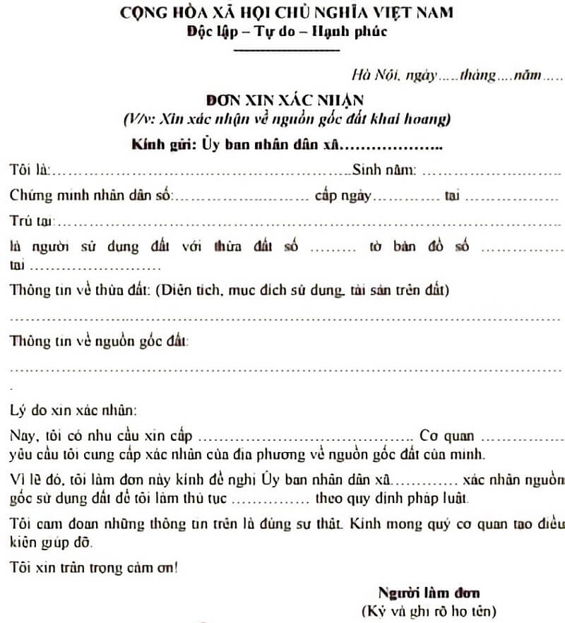 Mẫu đơn xin xác nhận đất khai hoang