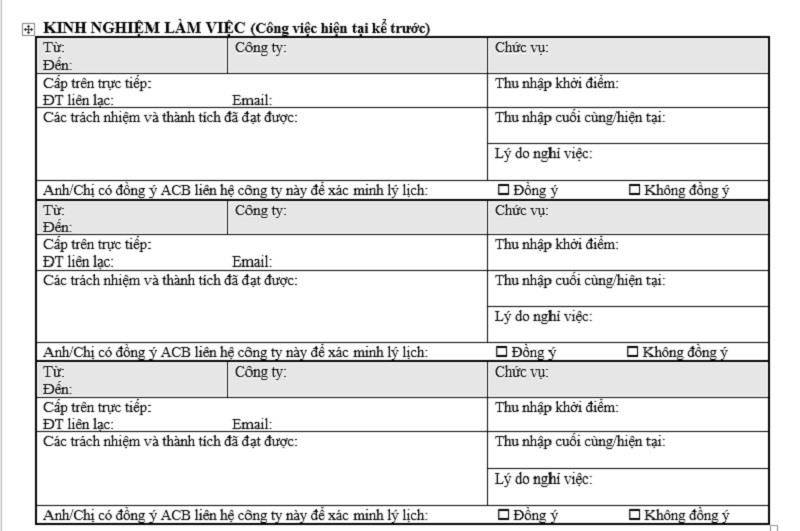 Phần nội dung của lý lịch ACB