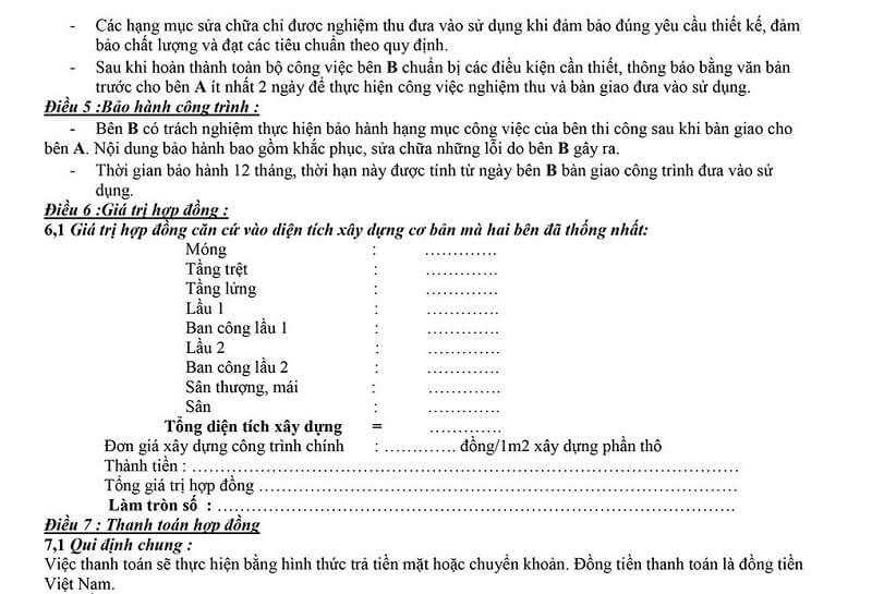 Hợp đồng xây dựng phần thô bao gồm rất nhiều điều khoản