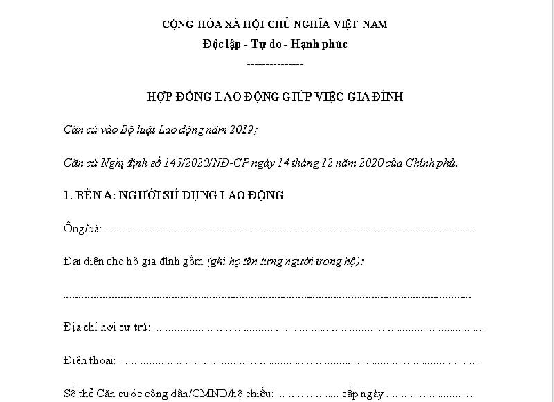 Nội dung của mẫu hợp đồng thuê người giúp việc