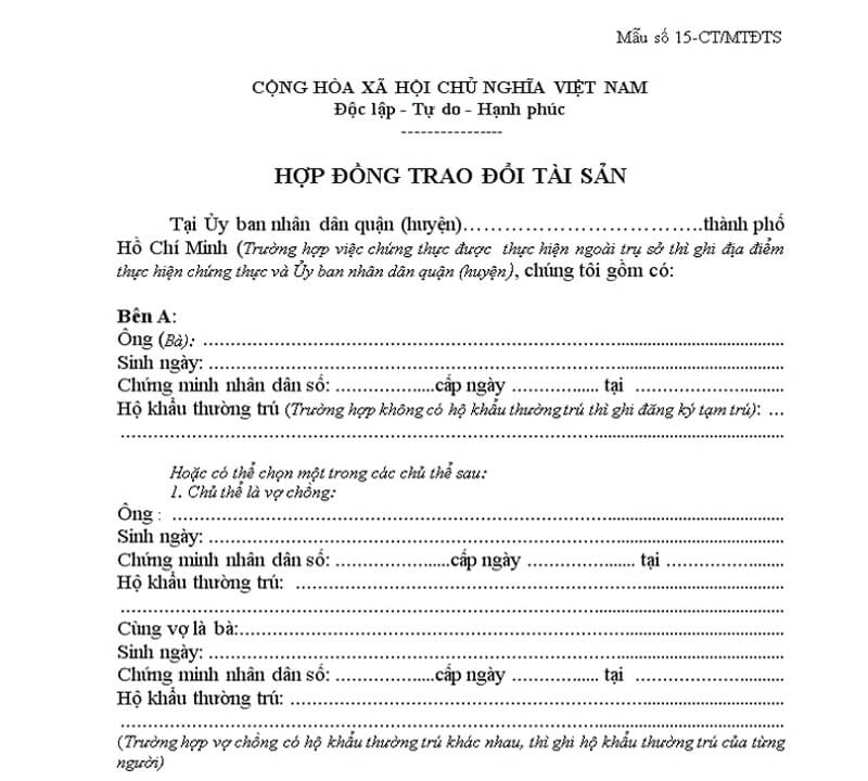 Mẫu hợp đồng trao đổi tài sản là đất đai