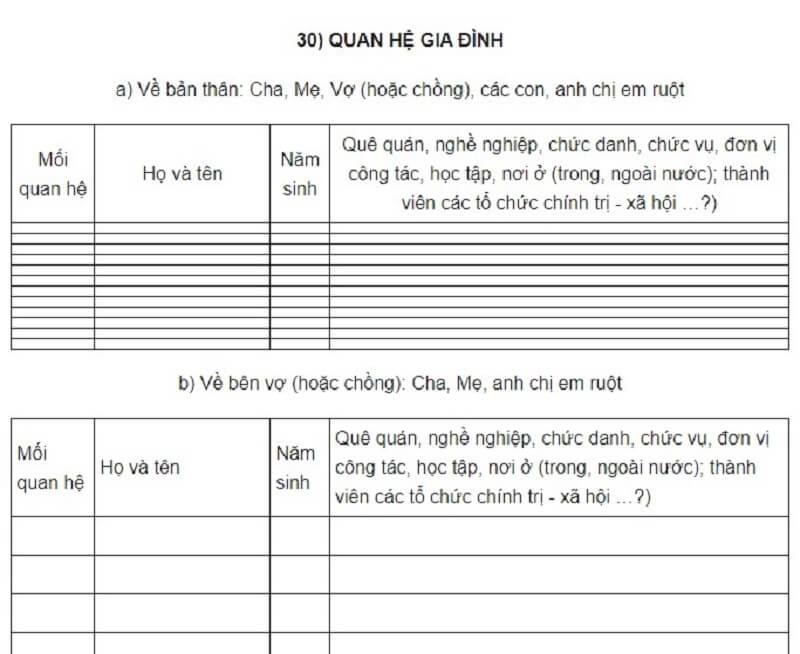 Phần quan hệ gia đình trong mẫu 2a-BNV/2007